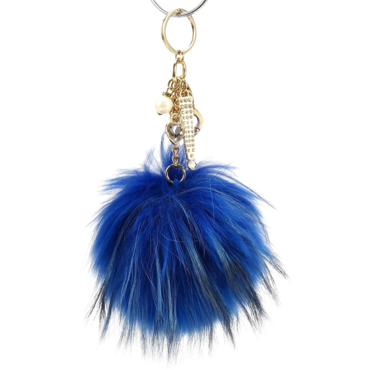 Real Fur Puff Ball Pom-Pom 6 Accessory Dangle Purse Charm - French Blue With Gold Hardware