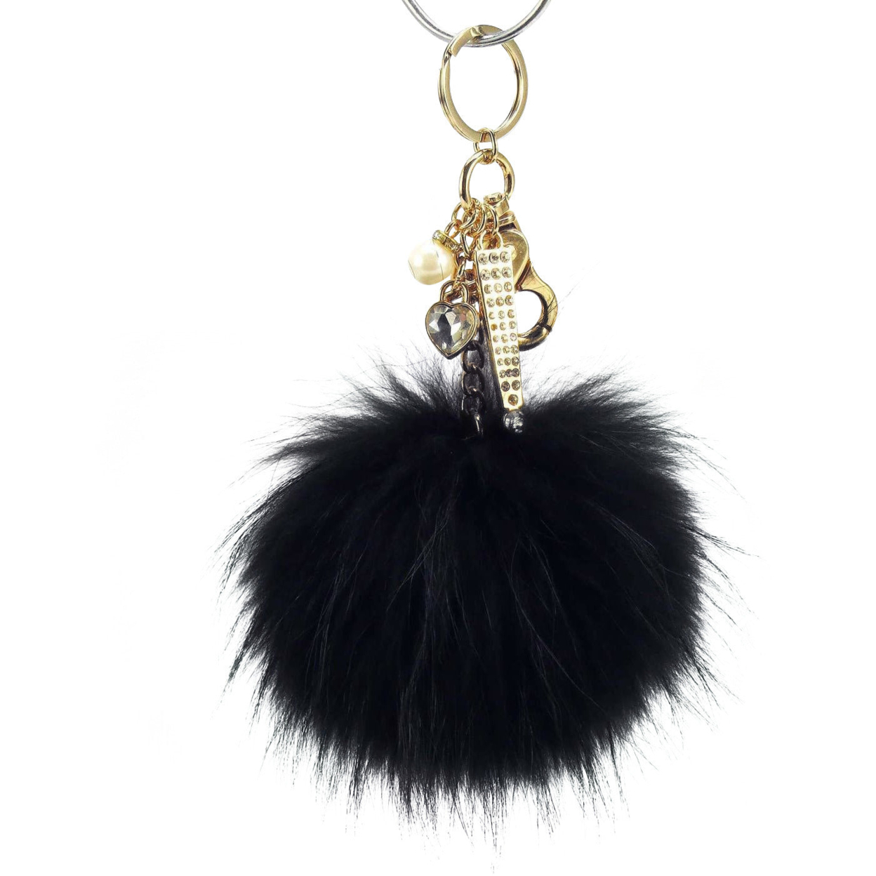 Real Fur Puff Ball Pom-Pom 6 Accessory Dangle Purse Charm - Black With Gold Hardware