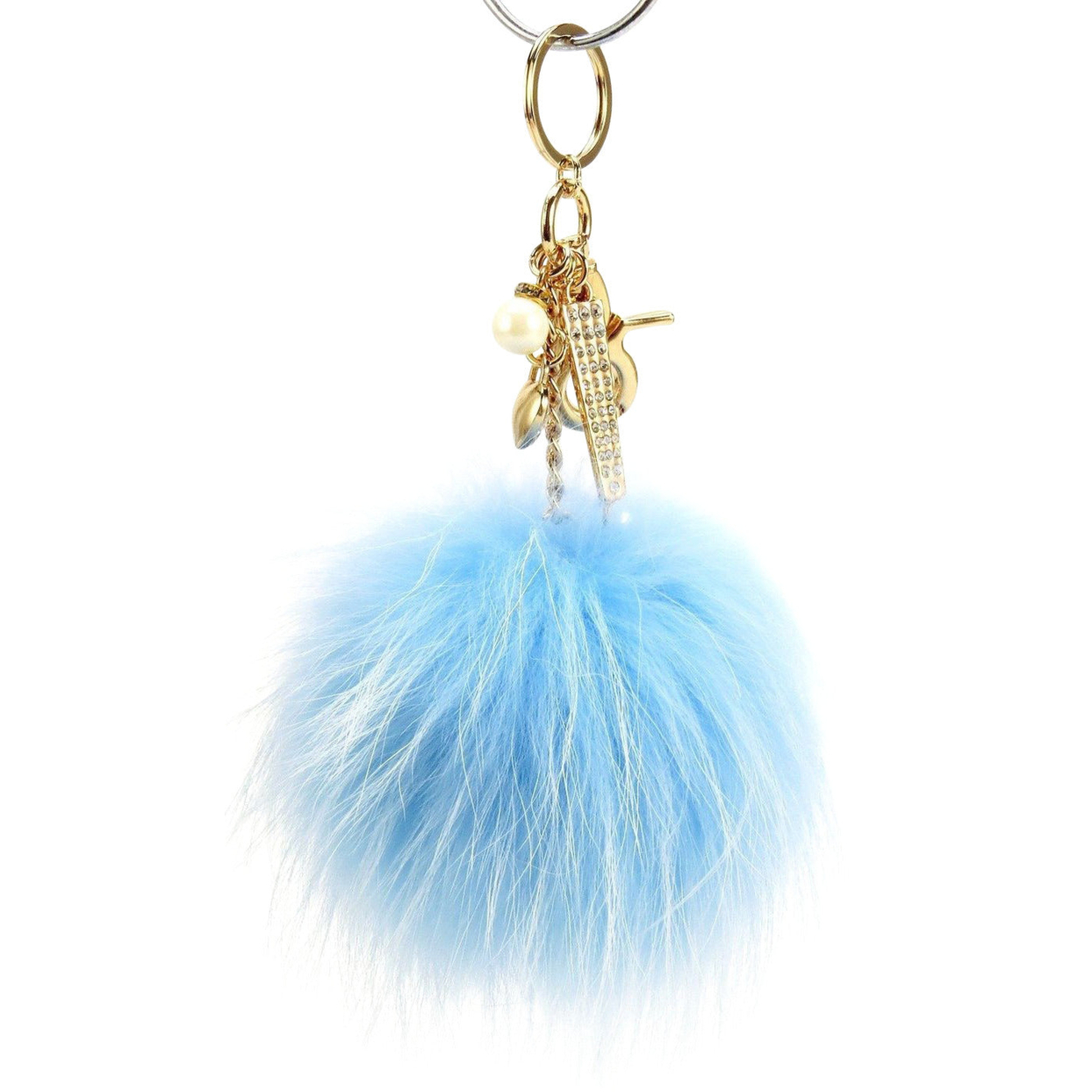 Real Fur Puff Ball Pom-Pom 6 Accessory Dangle Purse Charm - Light Blue With Gold Hardware