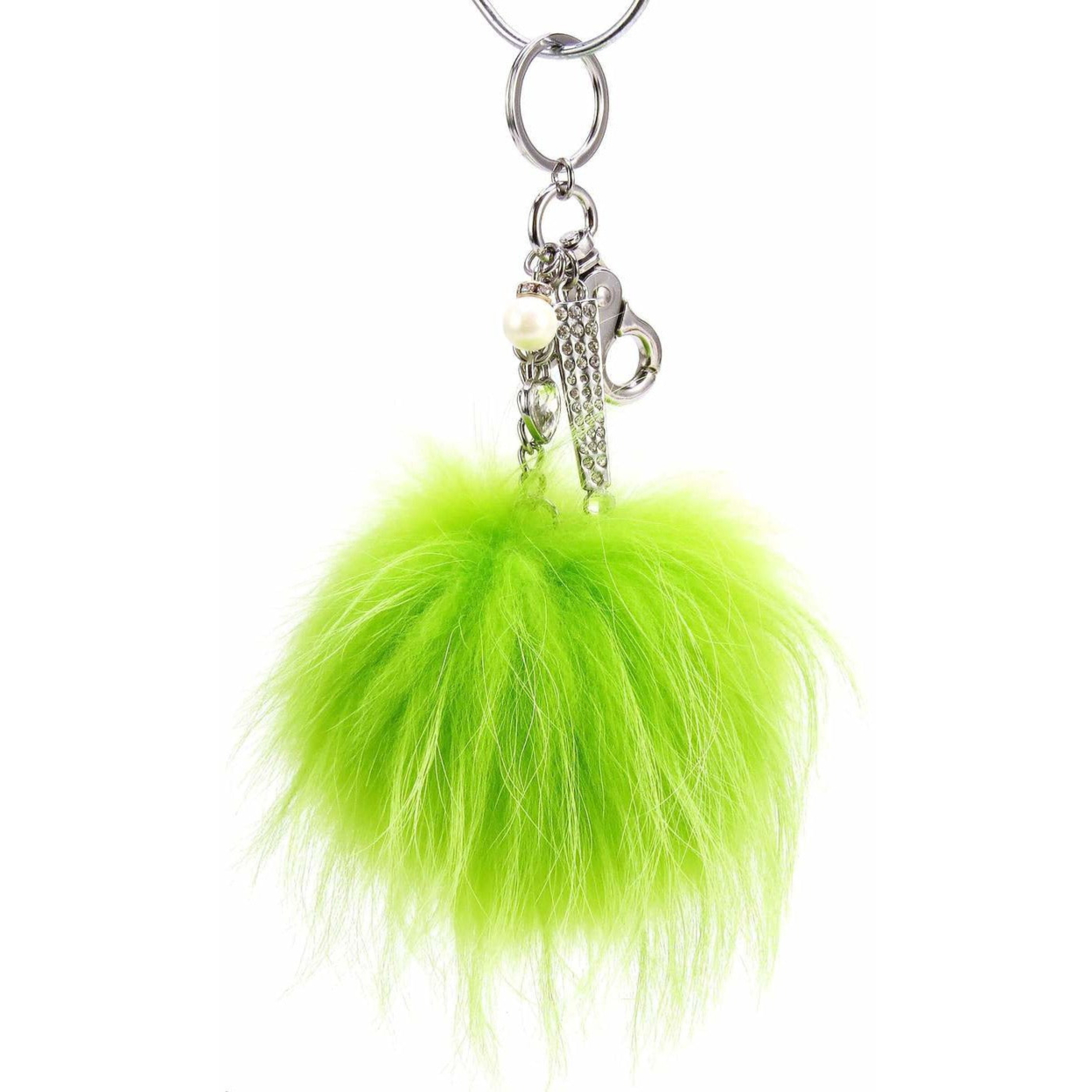 Real Fur Puff Ball Pom-Pom 6 Accessory Dangle Purse Charm - Lime Green With Silver Hardware