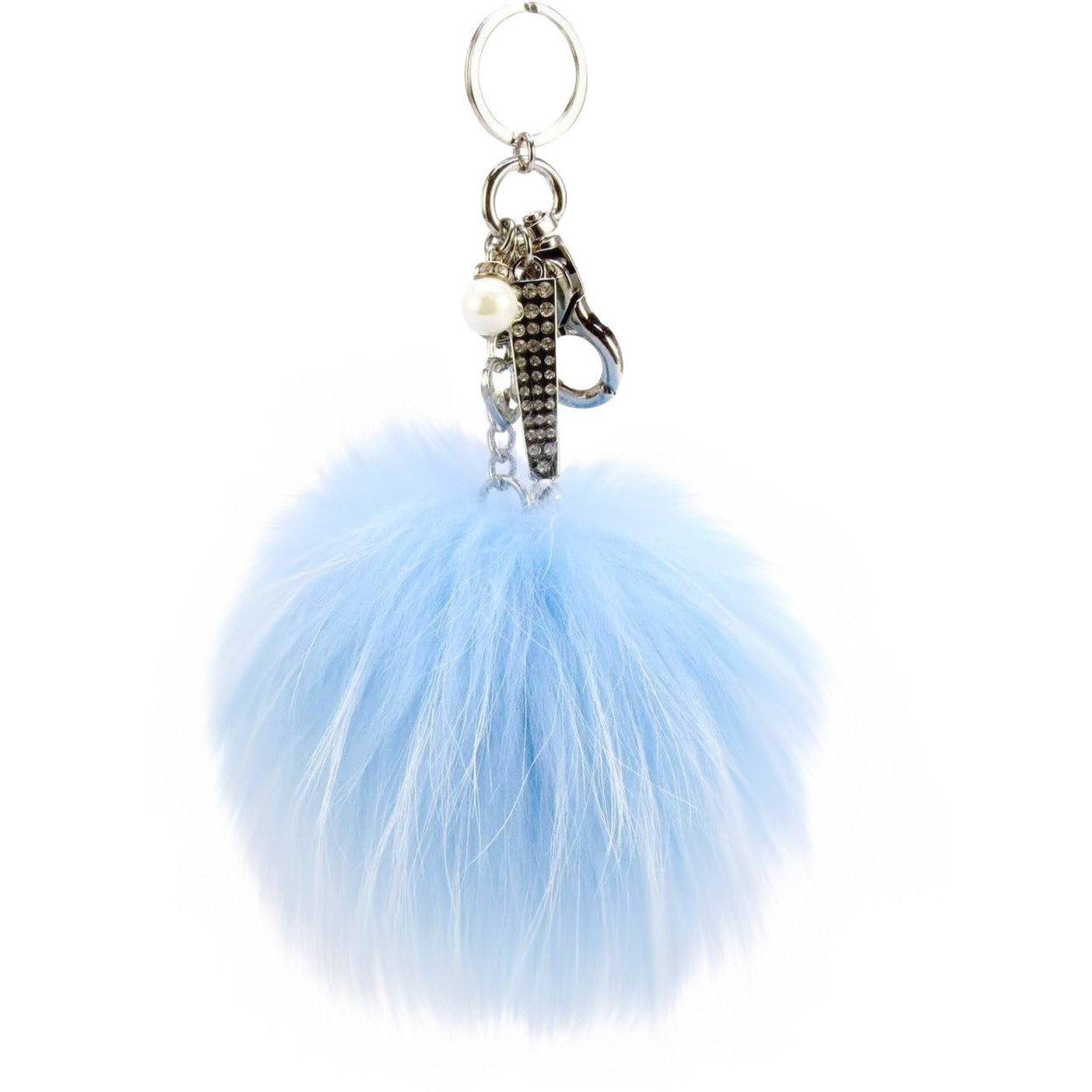 Real Fur Puff Ball Pom-Pom 6 Accessory Dangle Purse Charm - Light Blue With Silver Hardware