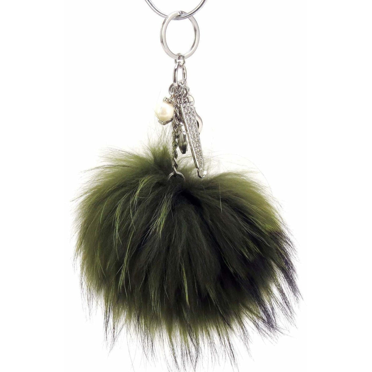 Real Fur Puff Ball Pom-Pom 6 Accessory Dangle Purse Charm - Olive Green With Silver Hardware