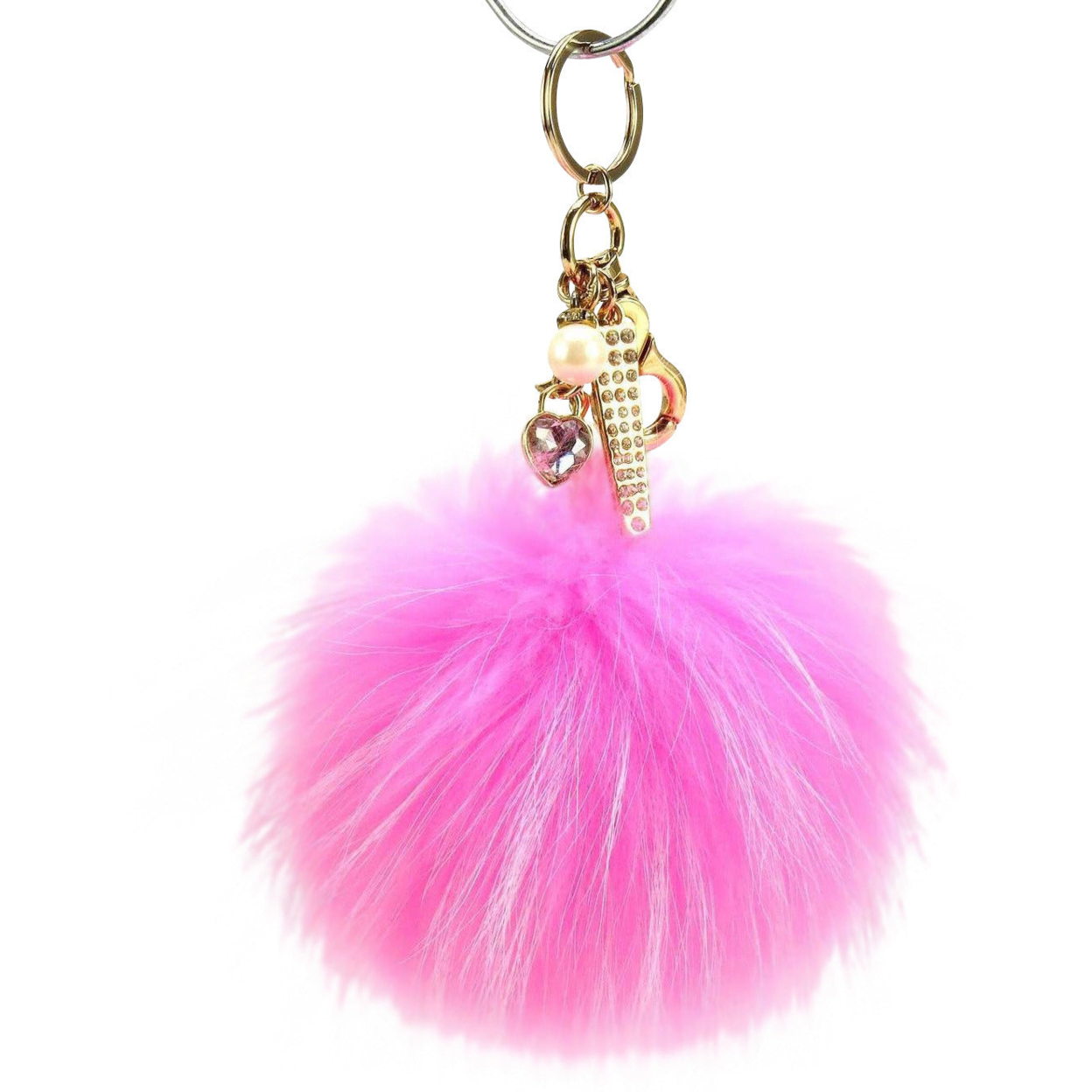 Real Fur Puff Ball Pom-Pom 6 Accessory Dangle Purse Charm - Pink With Gold Hardware