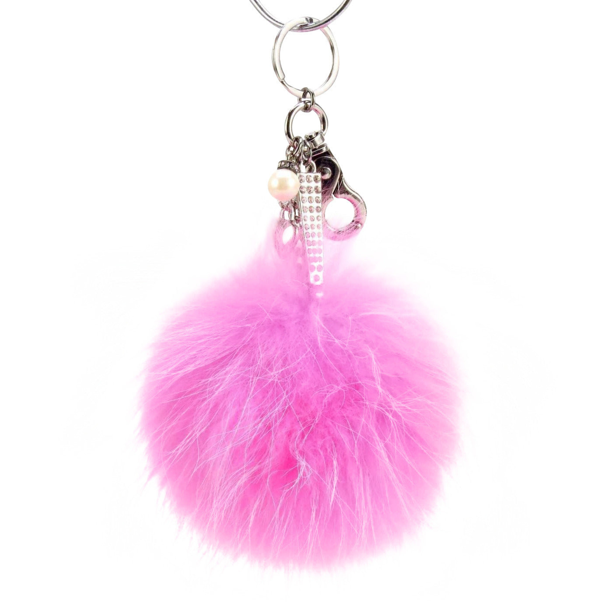 Real Fur Puff Ball Pom-Pom 6 Accessory Dangle Purse Charm - Pink With Silver Hardware