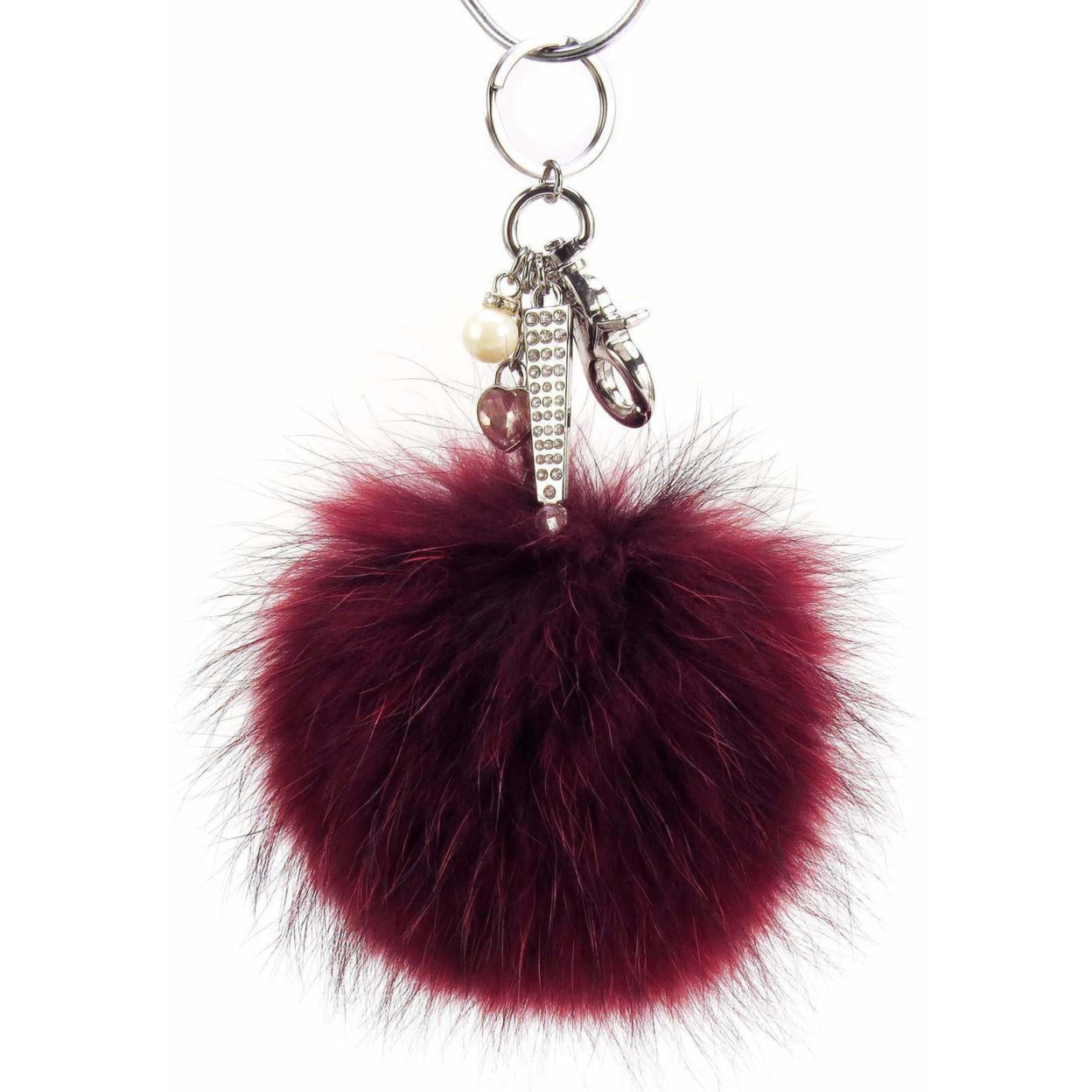 Real Fur Puff Ball Pom-Pom 6 Accessory Dangle Purse Charm - Maroon With Silver Hardware