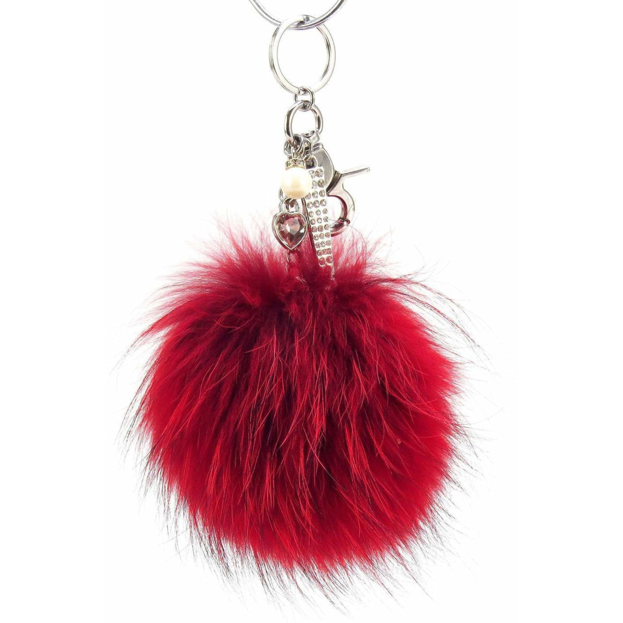 Real Fur Puff Ball Pom-Pom 6 Accessory Dangle Purse Charm - Red With Silver Hardware