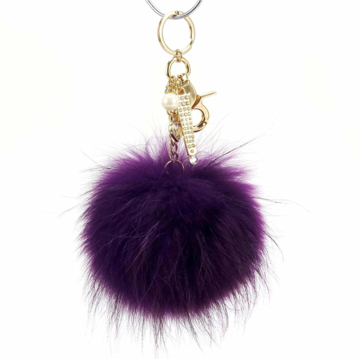 Real Fur Puff Ball Pom-Pom 6 Accessory Dangle Purse Charm - Purple With Gold Hardware