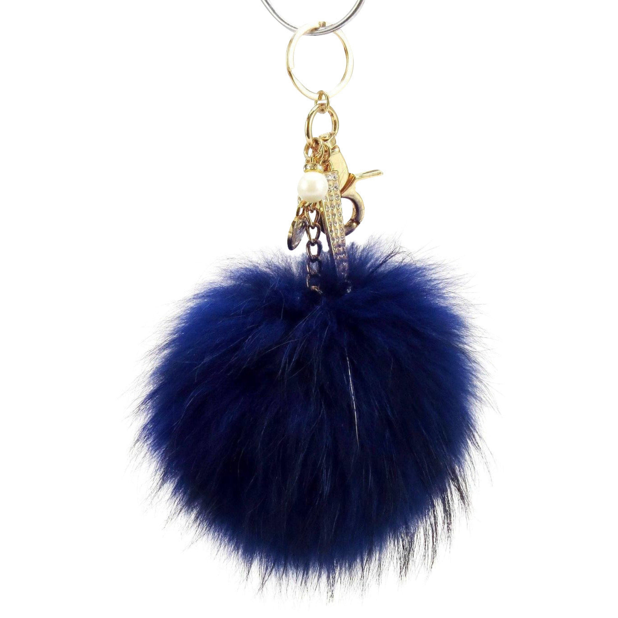 Real Fur Puff Ball Pom-Pom 6 Accessory Dangle Purse Charm - Royal Blue With Gold Hardware