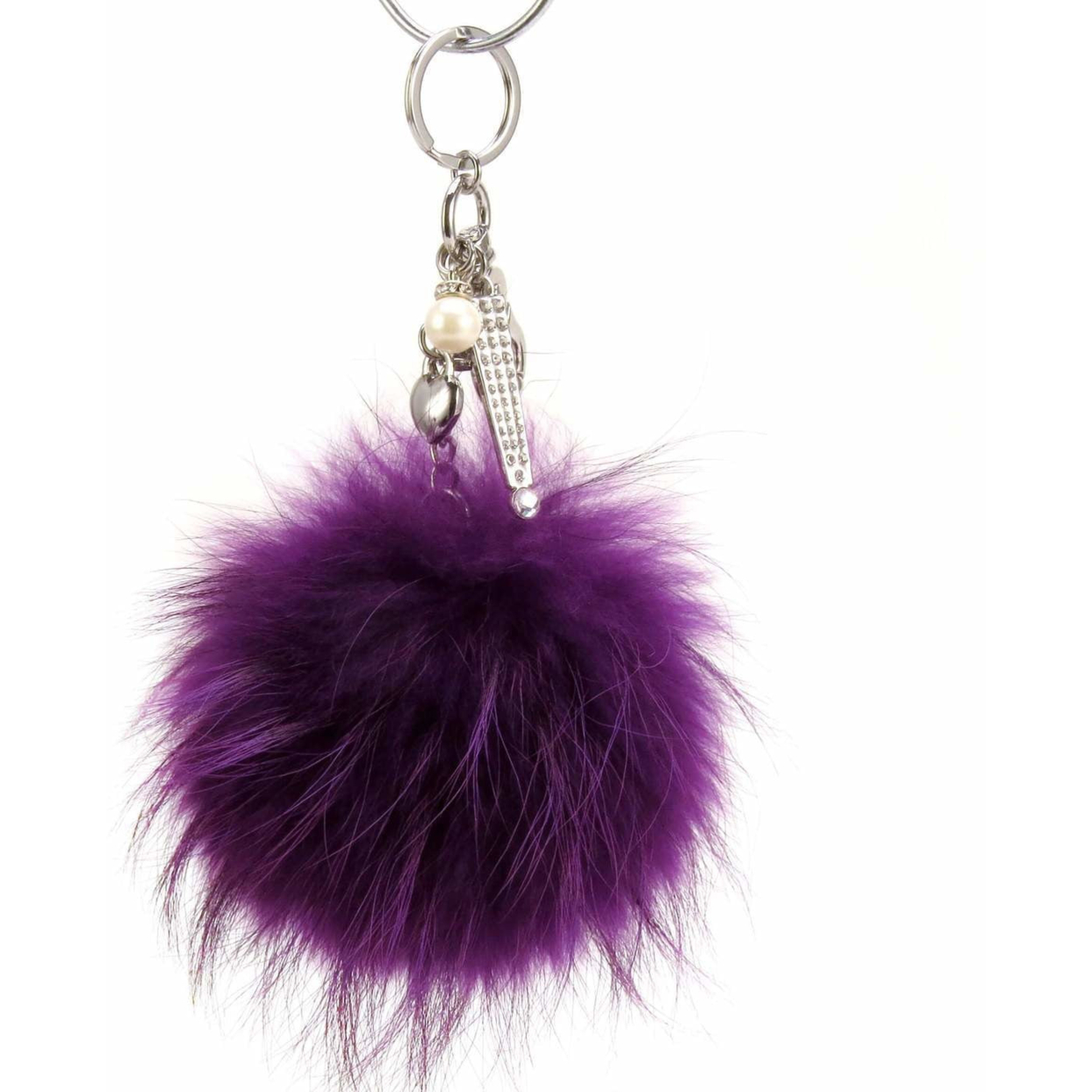 Real Fur Puff Ball Pom-Pom 6 Accessory Dangle Purse Charm - Purple With Silver Hardware