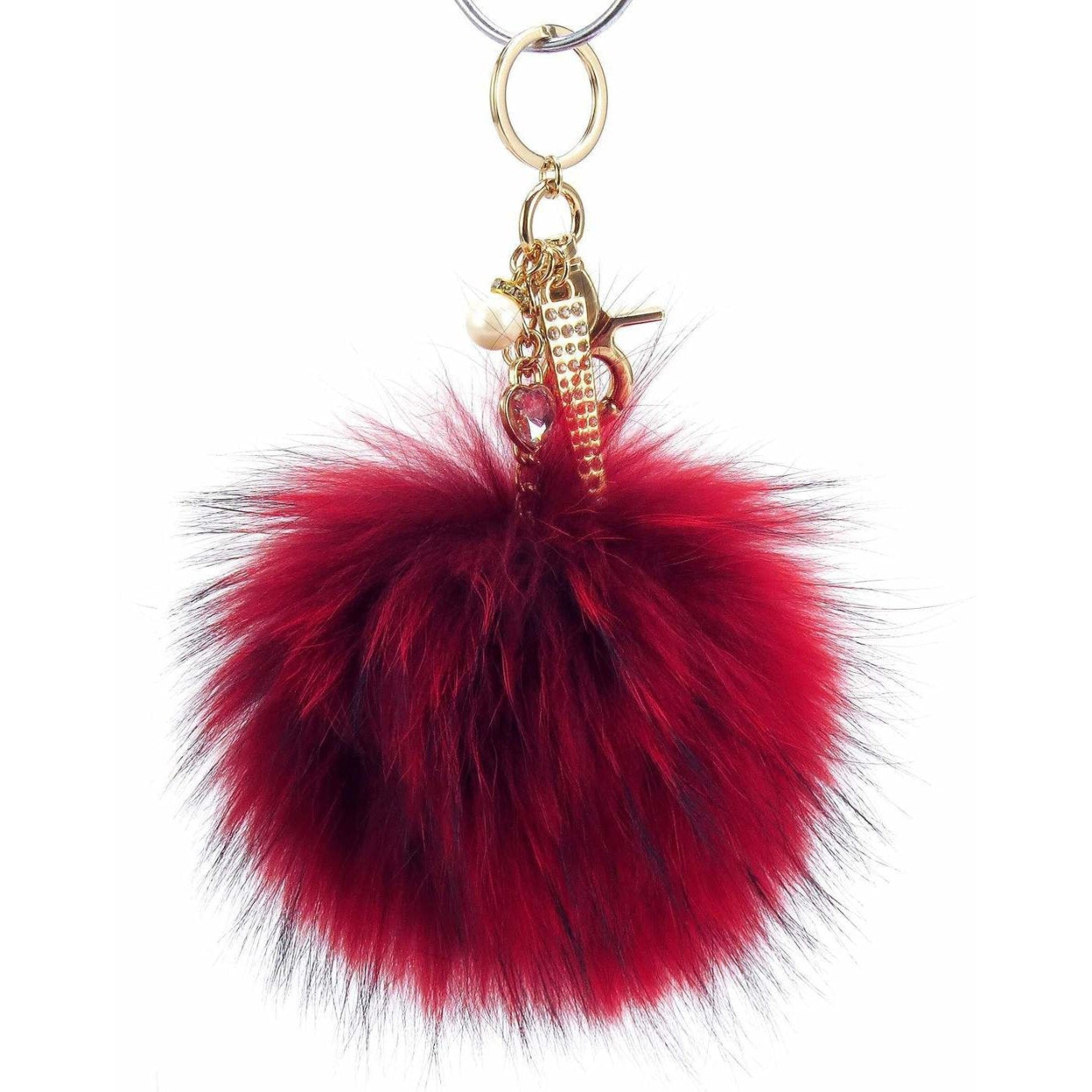 Real Fur Puff Ball Pom-Pom 6 Accessory Dangle Purse Charm - Red With Gold Hardware