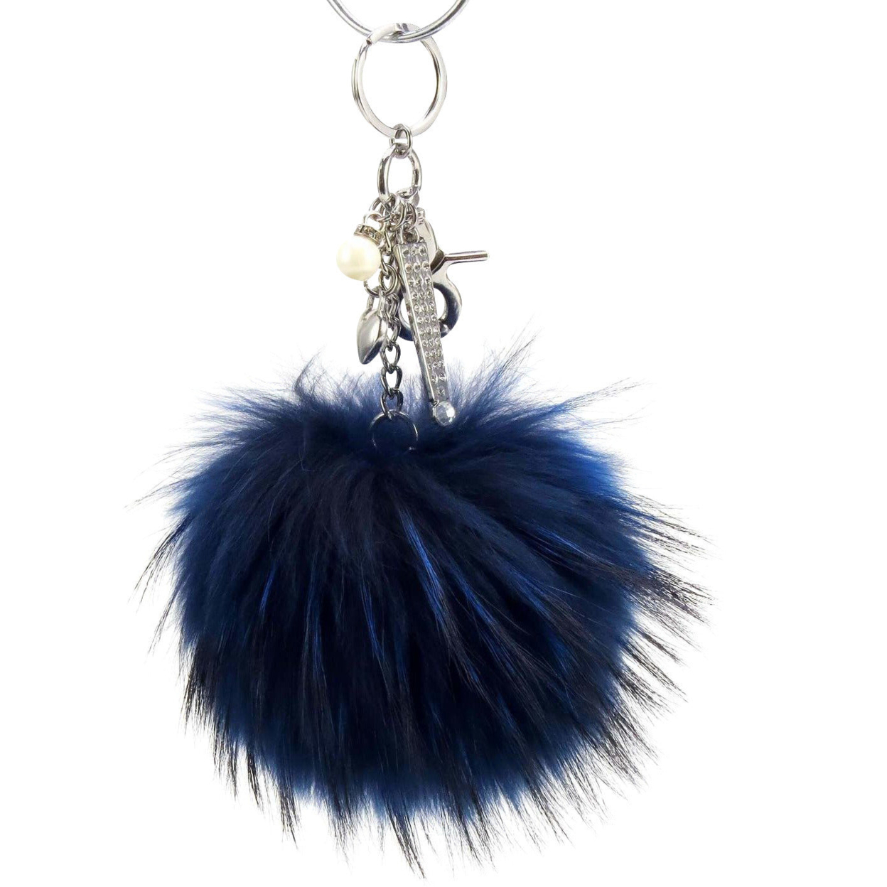 Real Fur Puff Ball Pom-Pom 6 Accessory Dangle Purse Charm - Royal Blue With Silver Hardware