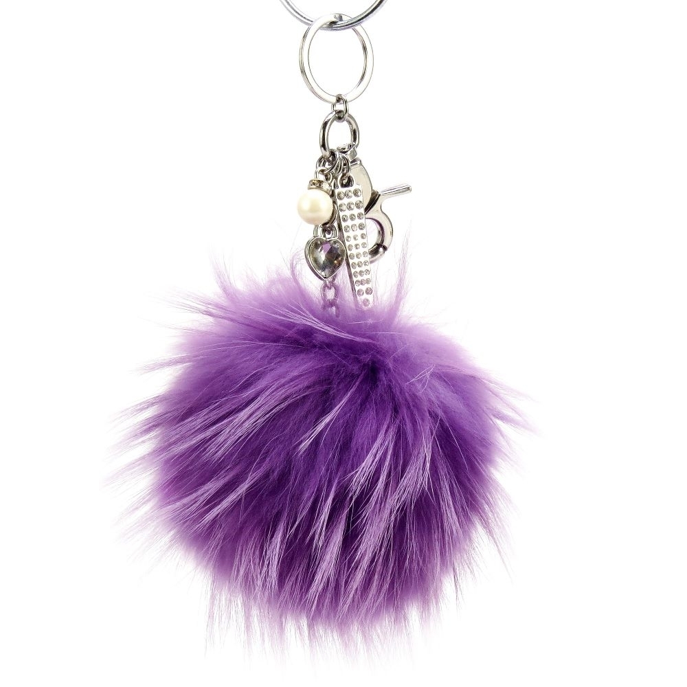 Real Fur Puff Ball Pom-Pom 6 Accessory Dangle Purse Charm -Lavender With Silver Hardware