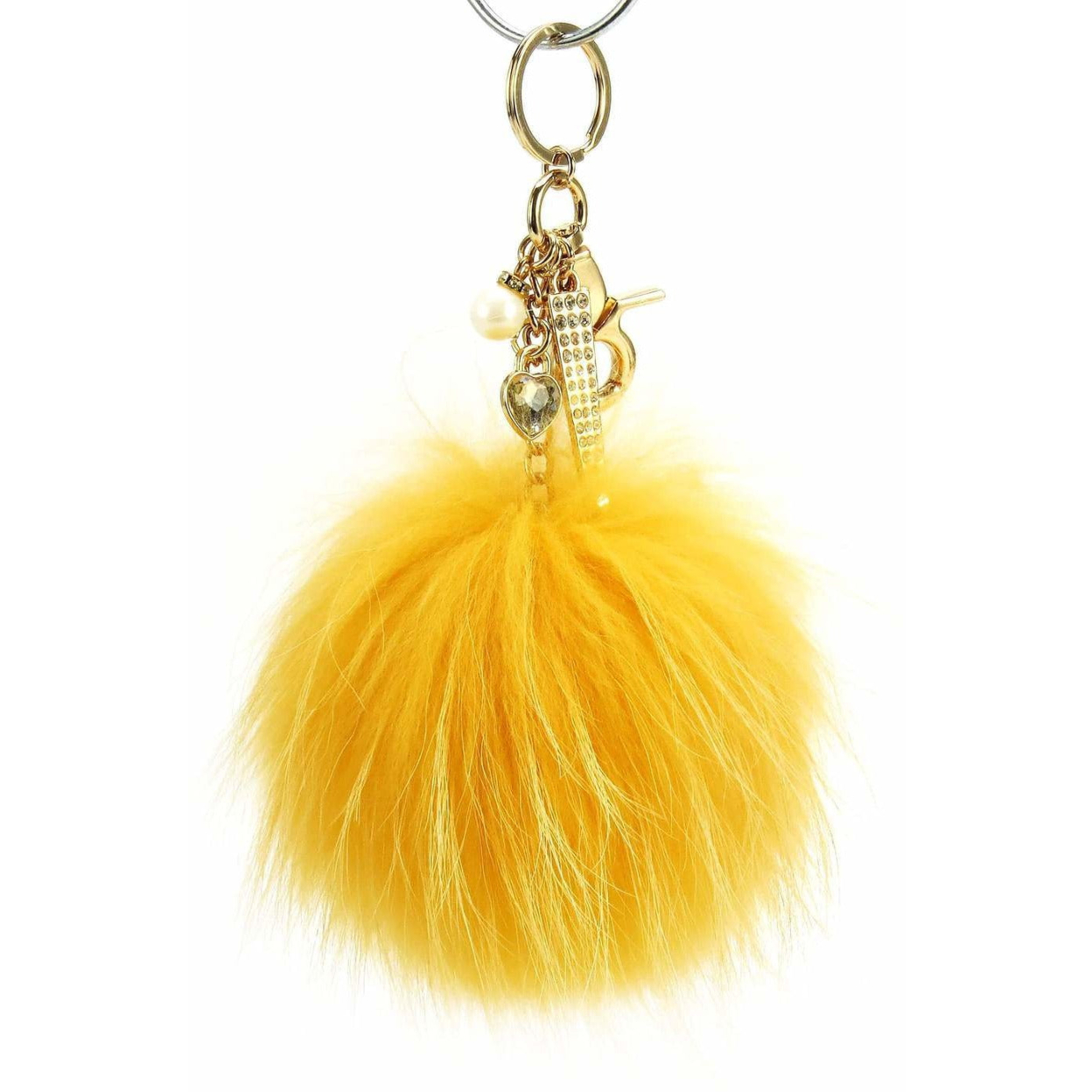 Real Fur Puff Ball Pom-Pom 6 Accessory Dangle Purse Charm - Yellow Gold With Gold Hardware