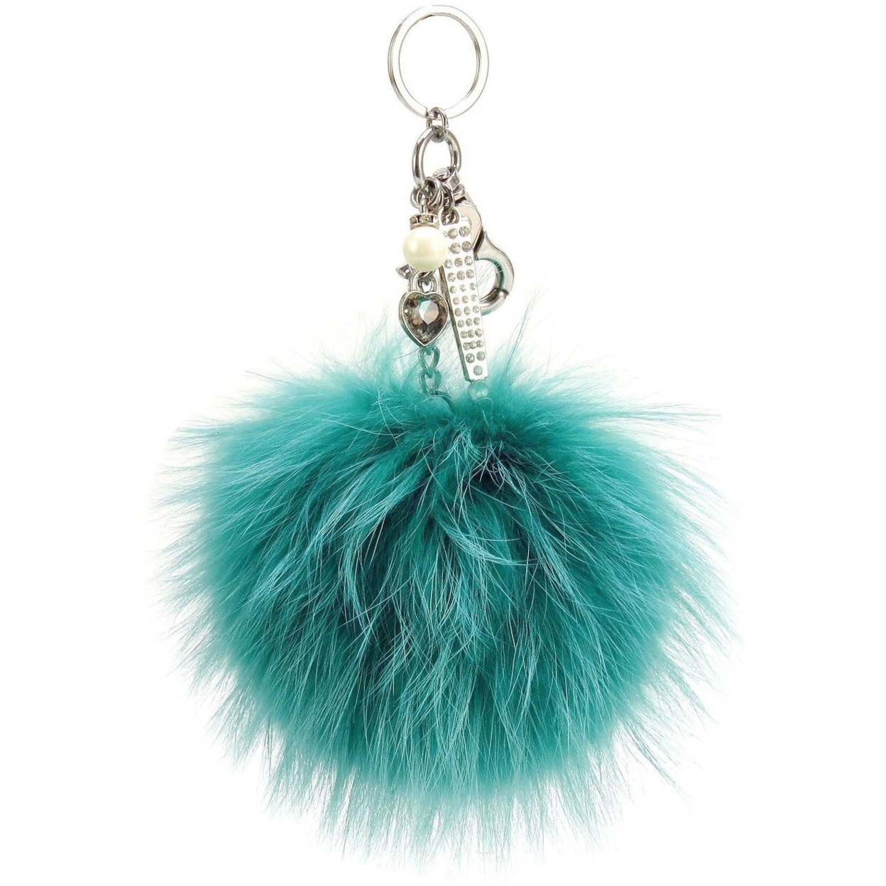 Real Fur Puff Ball Pom-Pom 6 Accessory Dangle Purse Charm - Turquoise With Silver Hardware