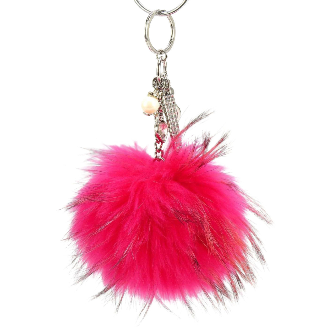 Real Fur Puff Ball Pom-Pom 6 Dangle Purse Charm - Fandango Hot Pink With Silver Hardware