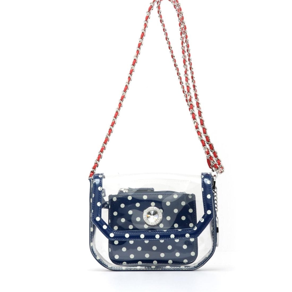 SCORE! Chrissy Small Designer Clear Crossbody Bag - Navy Blue, White And Red