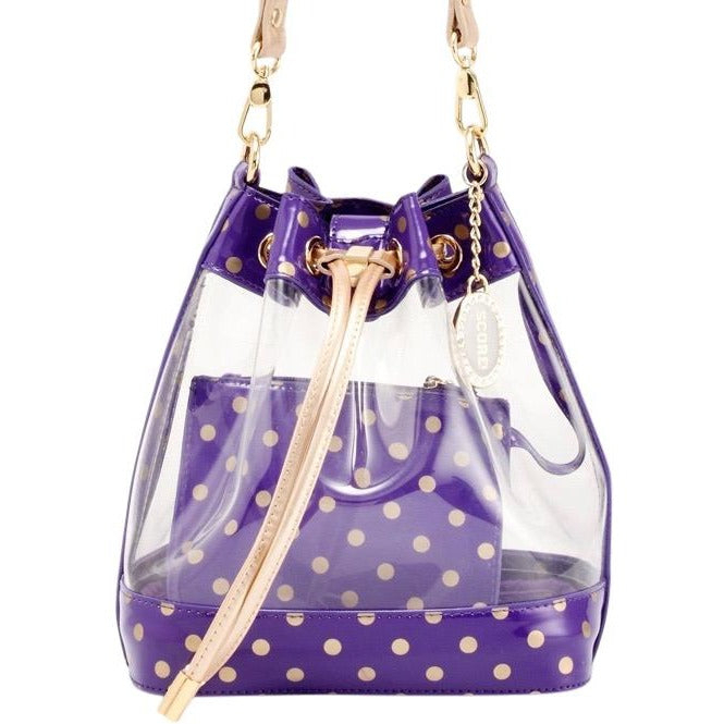 SCORE! Clear Sarah Jean Designer Crossbody Polka Dot Boho Bucket Bag-Purple & Gold