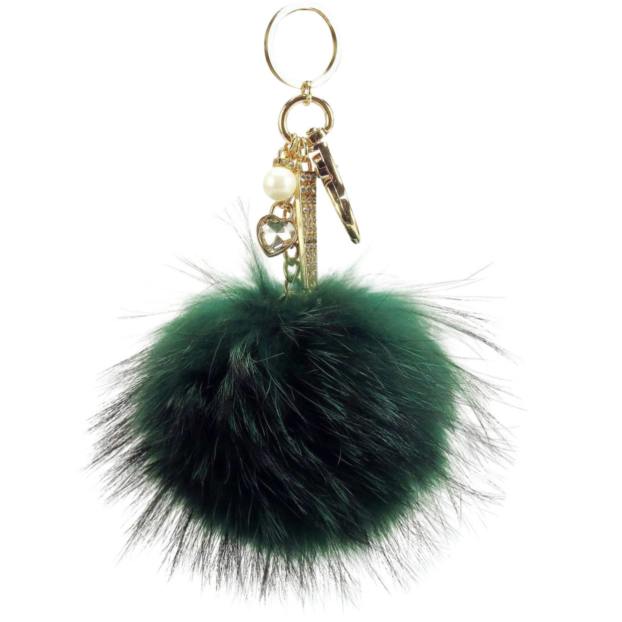 Real Fur Puff Ball Pom-Pom 6 Accessory Dangle Purse Charm - Fern Green With Gold Hardware