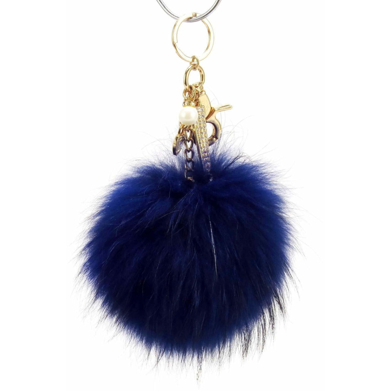 Real Fur Puff Ball Pom-Pom 6 Accessory Dangle Purse Charm - Navy Dark Blue With Gold Hardware