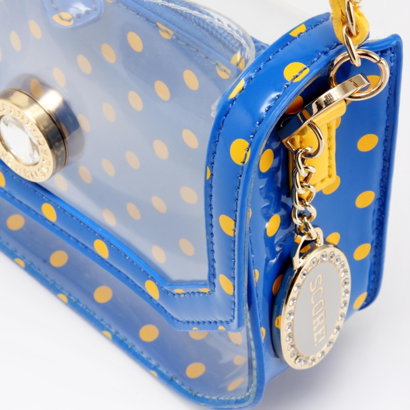 SCORE! Chrissy Small Designer Clear Crossbody Bag - Royal Blue And Yellow Gold