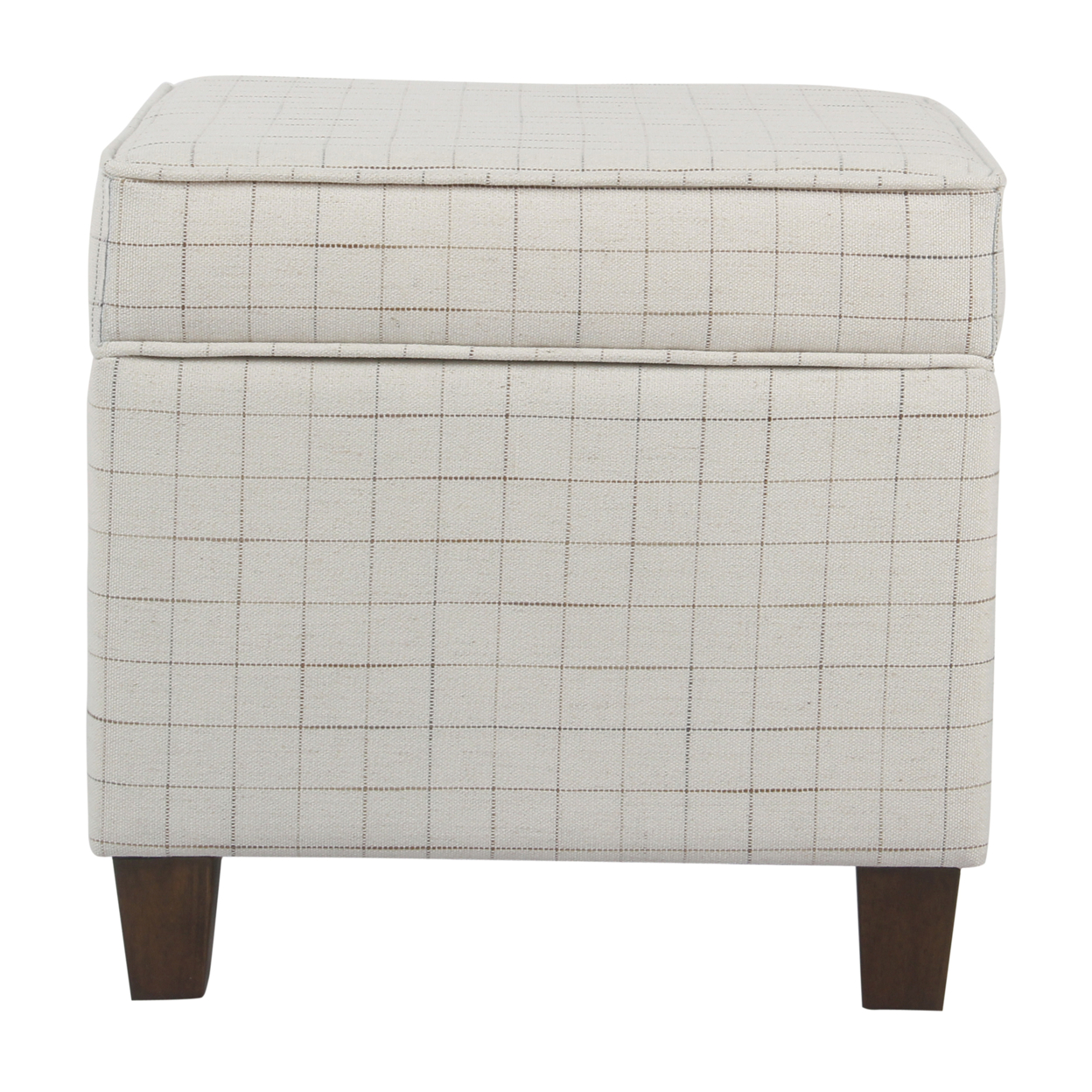 Wooden Square Ottoman With Grid Patterned Fabric Upholstery And Hidden Storage, Beige And Brown- Saltoro Sherpi