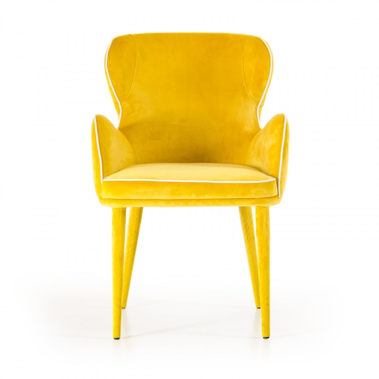 Fabric Upholstered Wing Back Design Dining Chair With High Curvy Arms, Yellow- Saltoro Sherpi