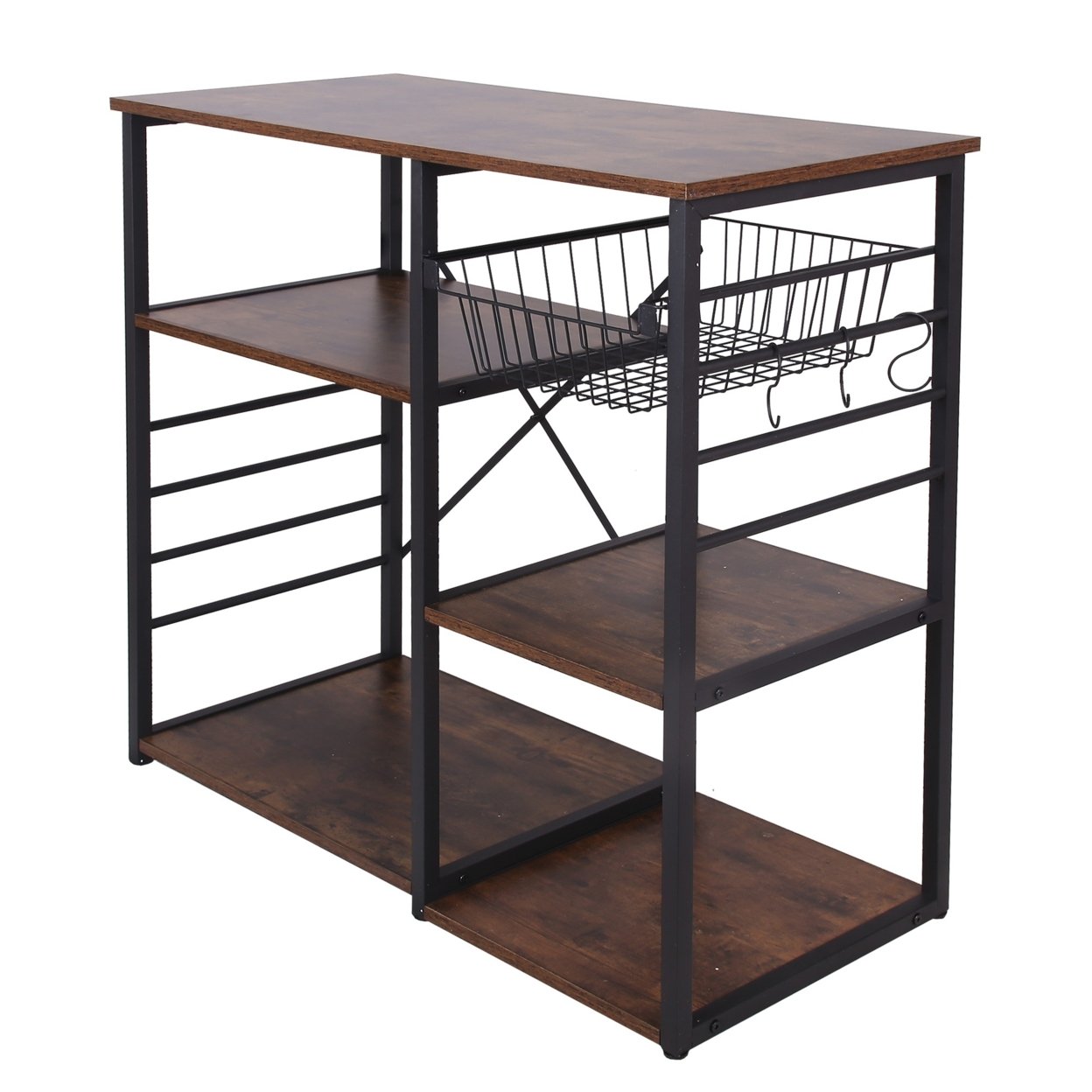 Wood And Metal Bakers Rack With 4 Shelves And Wire Basket, Brown And Black- Saltoro Sherpi
