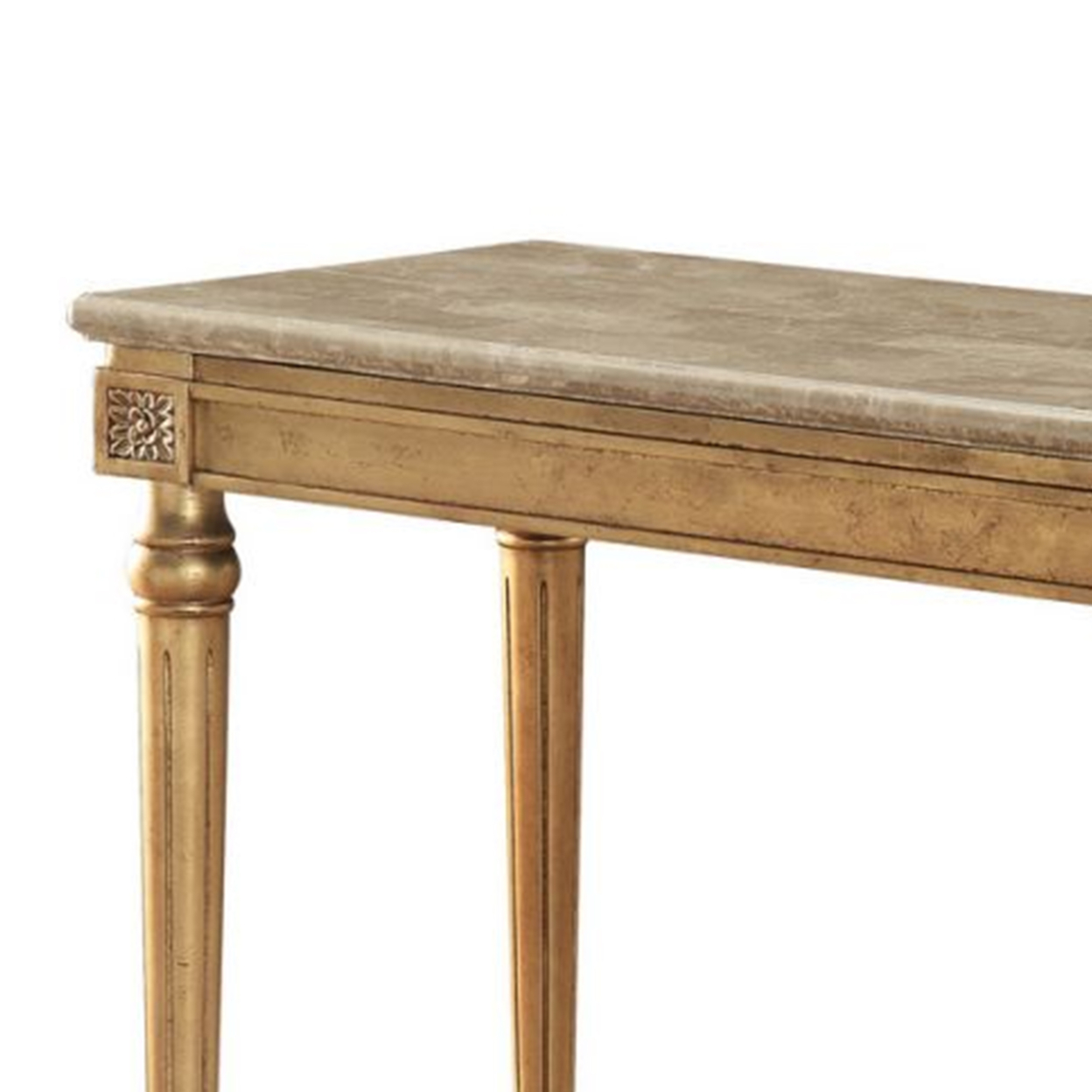 Marble Top Sofa Table With Fluted Detail Wooden Turned Legs, Gold- Saltoro Sherpi