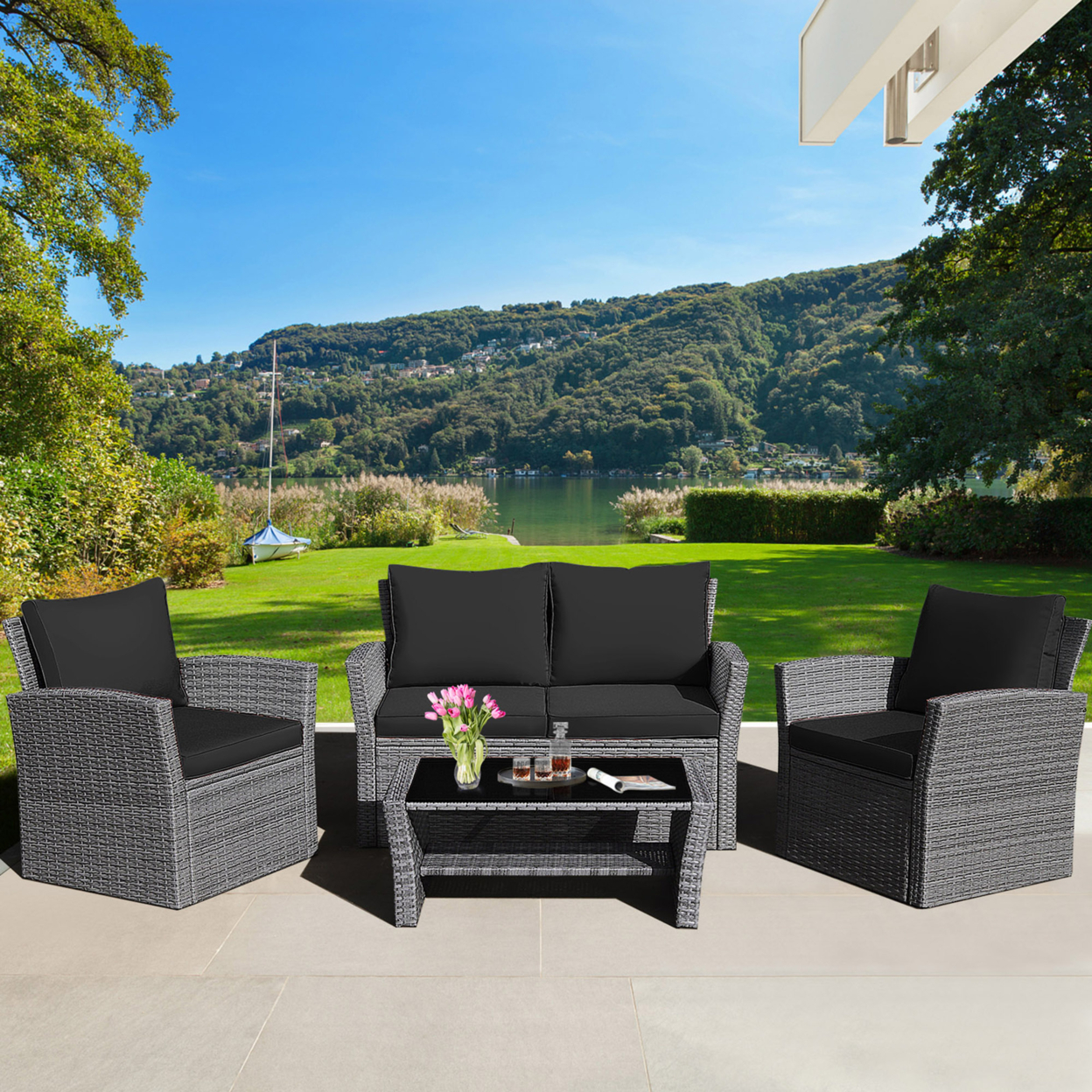 4PCS Patio Rattan Conversation Set Outdoor Furniture Set W/ Black Cushions