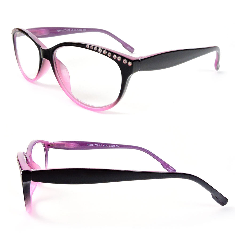 Reading Glasses Cat Eye Frame Spring Hinges Crystal Readers - Black/pink, +2.50