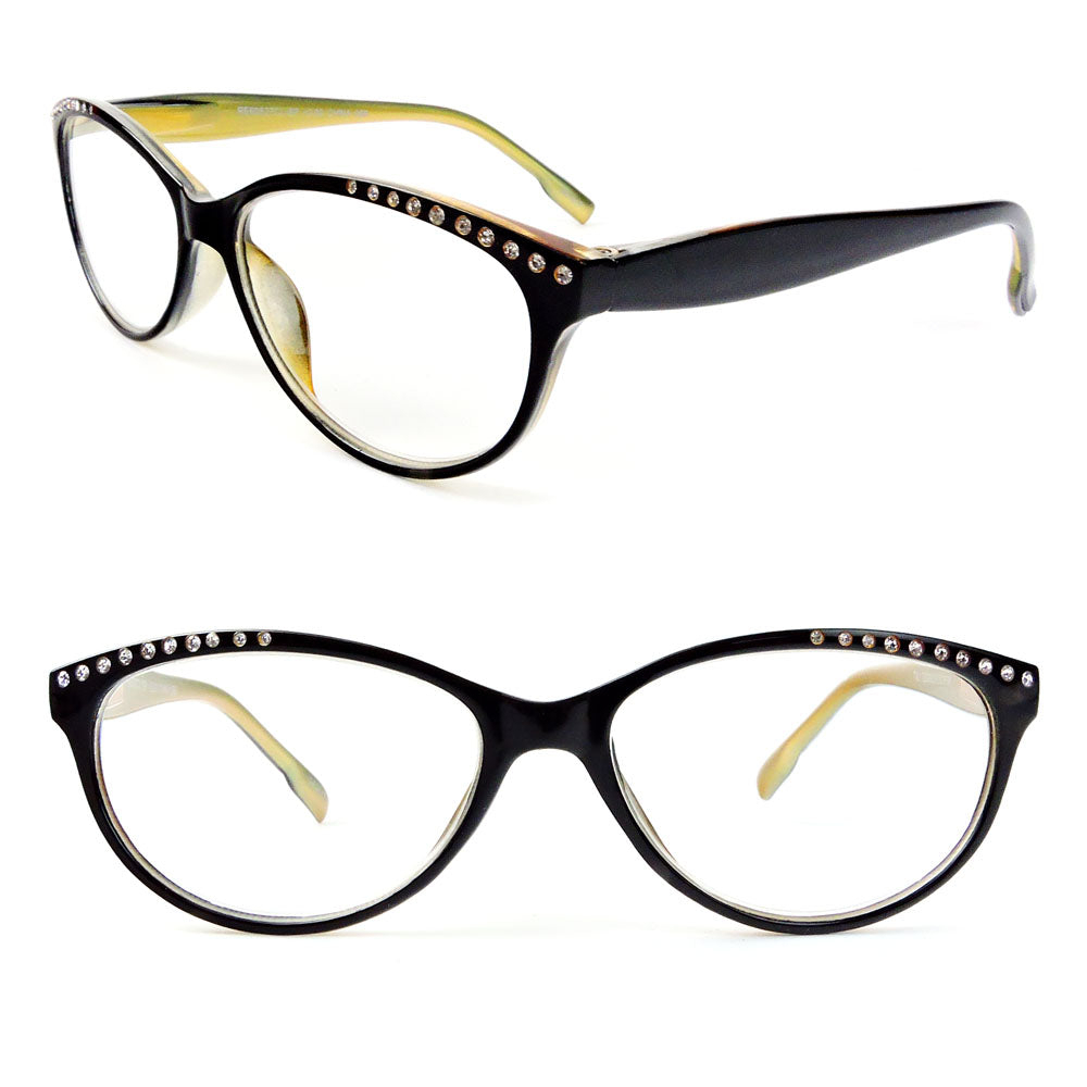 Reading Glasses Cat Eye Frame Spring Hinges Crystal Readers - Black/gold, +2.00