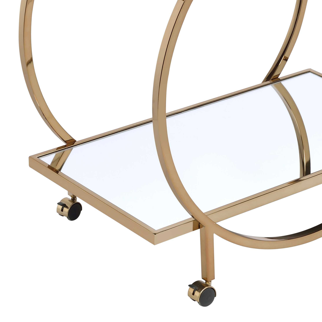 Metal Serving Cart With Mirrored Open Shelf And Tubular Angled Handles, Gold And Clear- Saltoro Sherpi