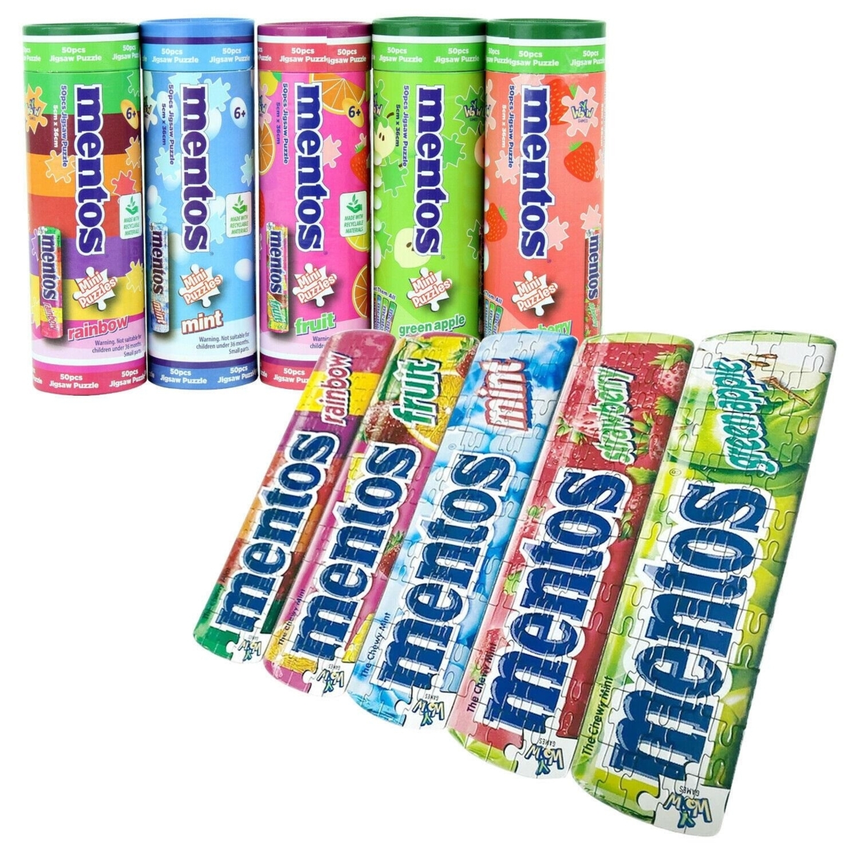 Mentos Mini Jigsaw Puzzle 5-pack 3x10 Colorful Candy Bundle Set YWOW
