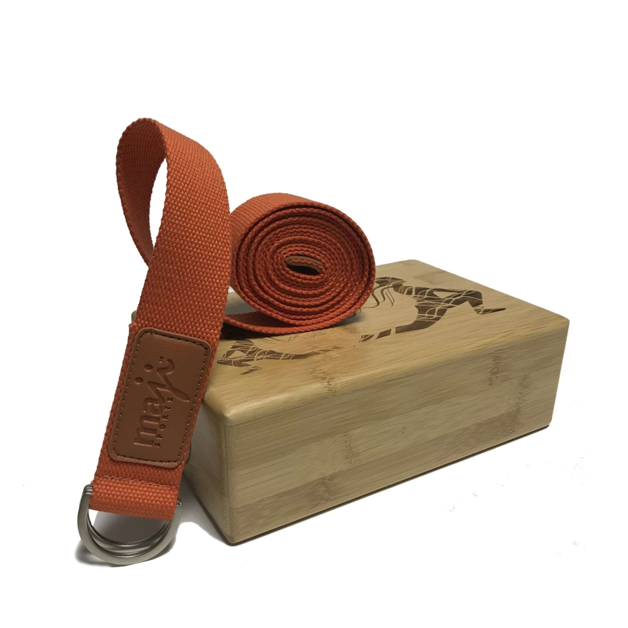 Laser Engraved Bamboo Yoga Block & Strap Combo - Orange