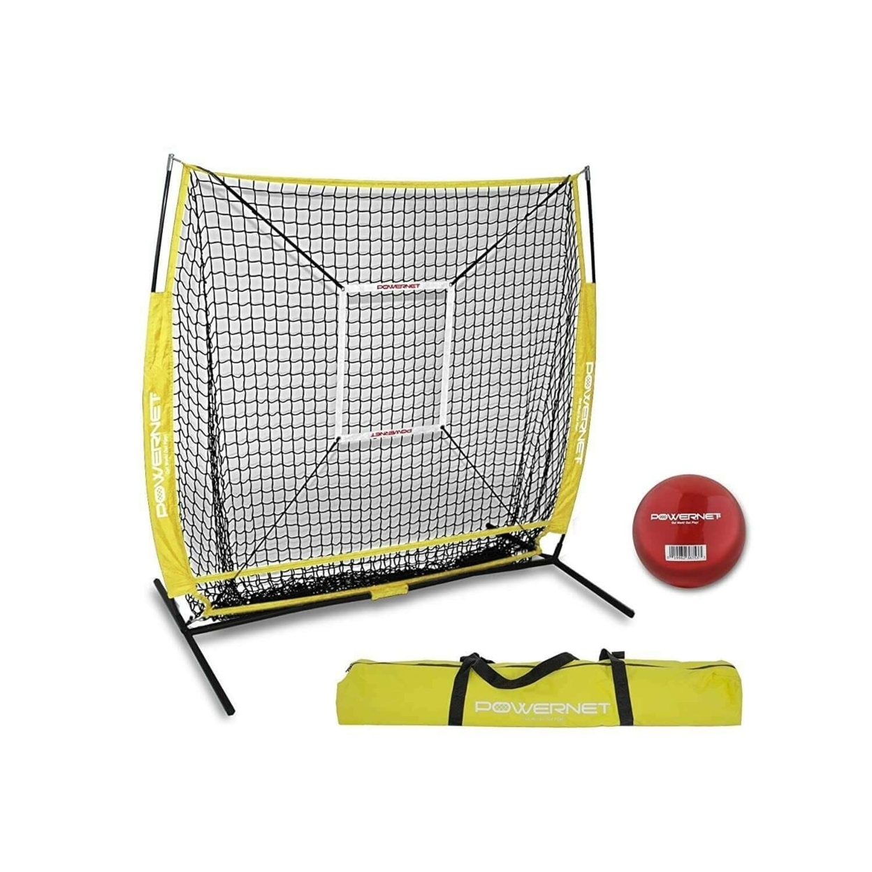 PowerNet 5x5 Practice Hitting Pitching Net + Strike Zone Attachment + Weighted Training Ball Bundle + Carry Bag - Black