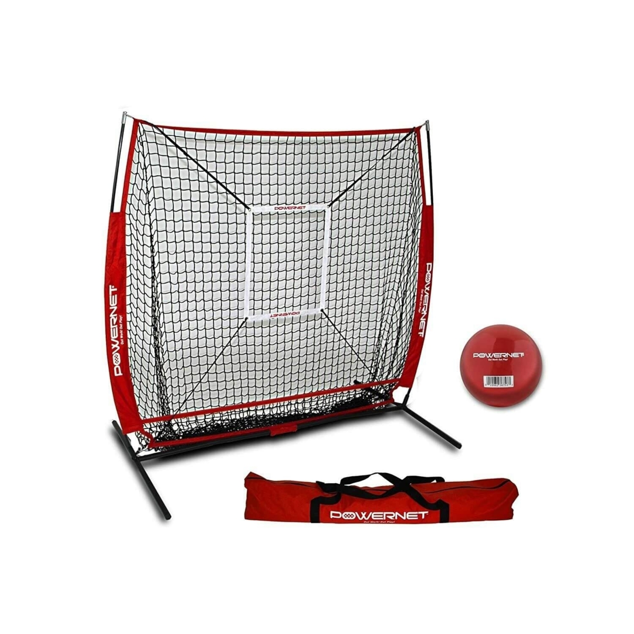 PowerNet 5x5 Practice Hitting Pitching Net + Strike Zone Attachment + Weighted Training Ball Bundle + Carry Bag - Red
