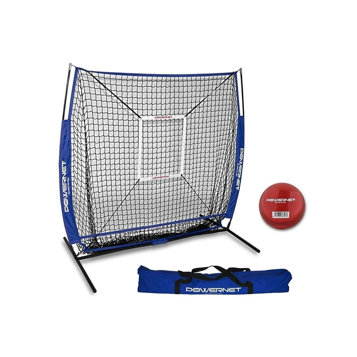 PowerNet 5x5 Practice Hitting Pitching Net + Strike Zone Attachment + Weighted Training Ball Bundle + Carry Bag - Royal Blue