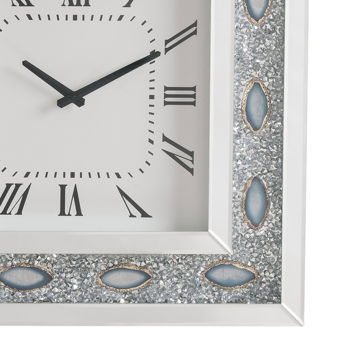 20 Inch Analog Wall Clock, White Mirror Panel Frame, Faux Crystals Inlay