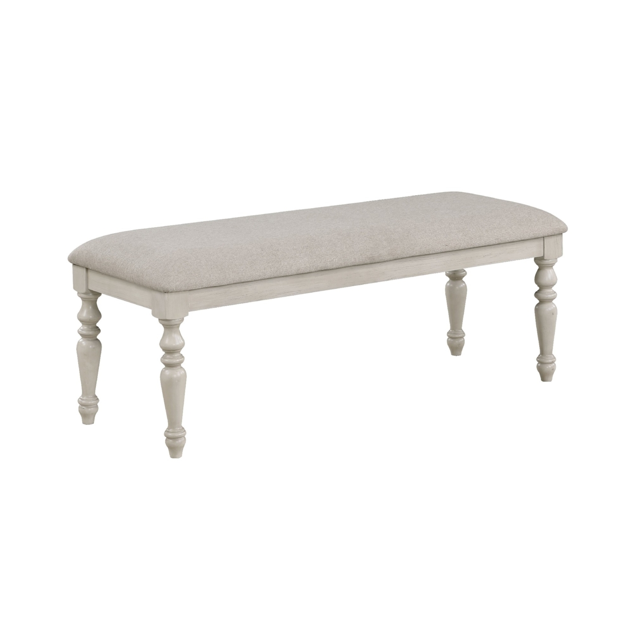 Katherine 48 Inch Bench With Fabric Seat And Turned Legs, White- Saltoro Sherpi