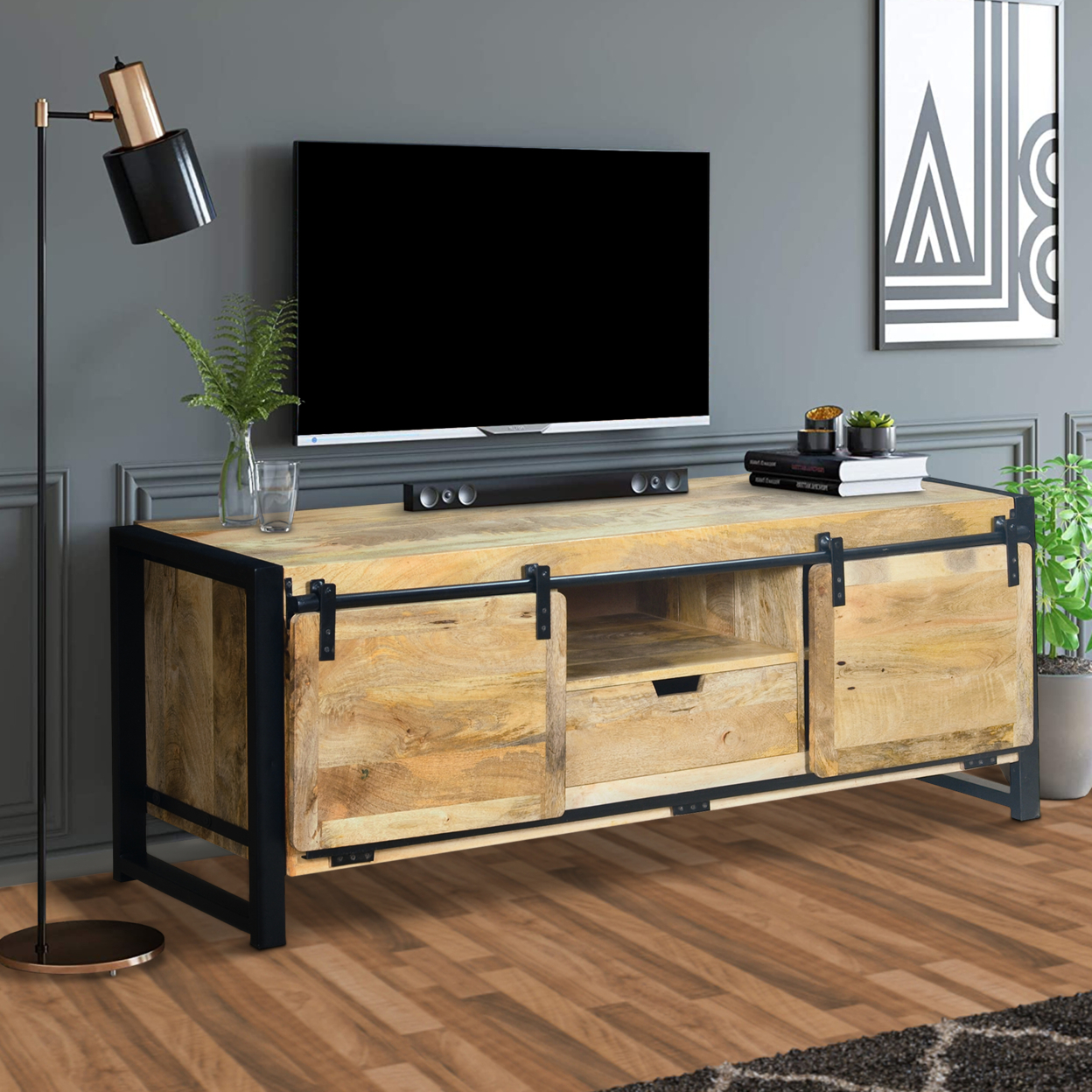 63 Inch Wooden Industrial TV Cabinet with Barn Style Sliding Doors, Brown and Black, Saltoro Sherpi
