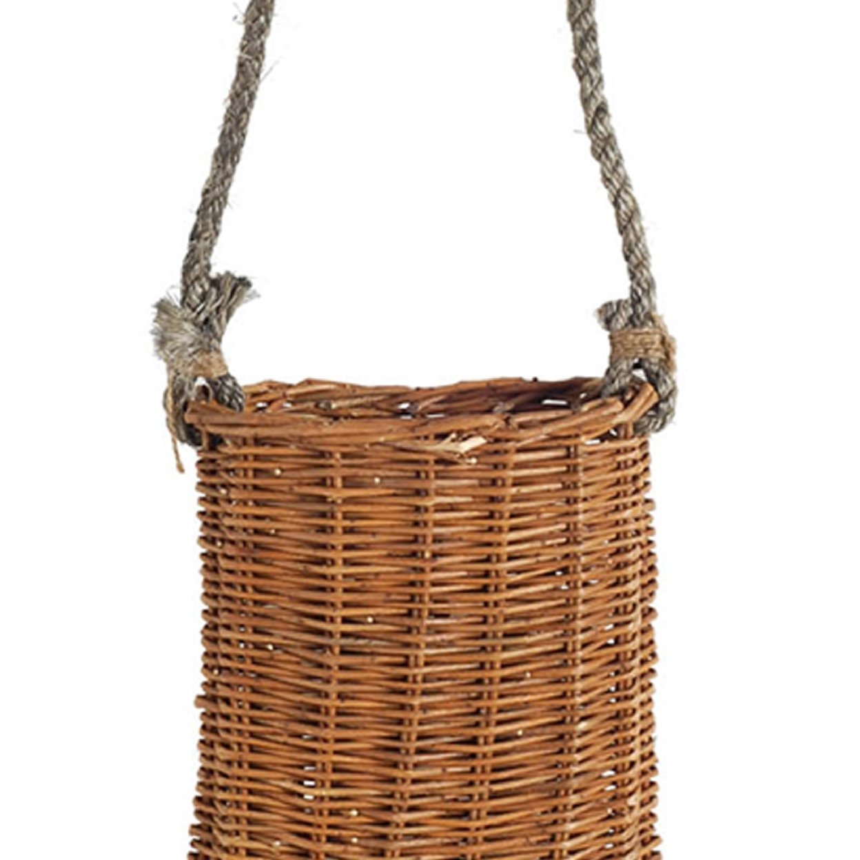 15 Inch Woven Wicker Basket With Rope Hanger, Large, Brown- Saltoro Sherpi