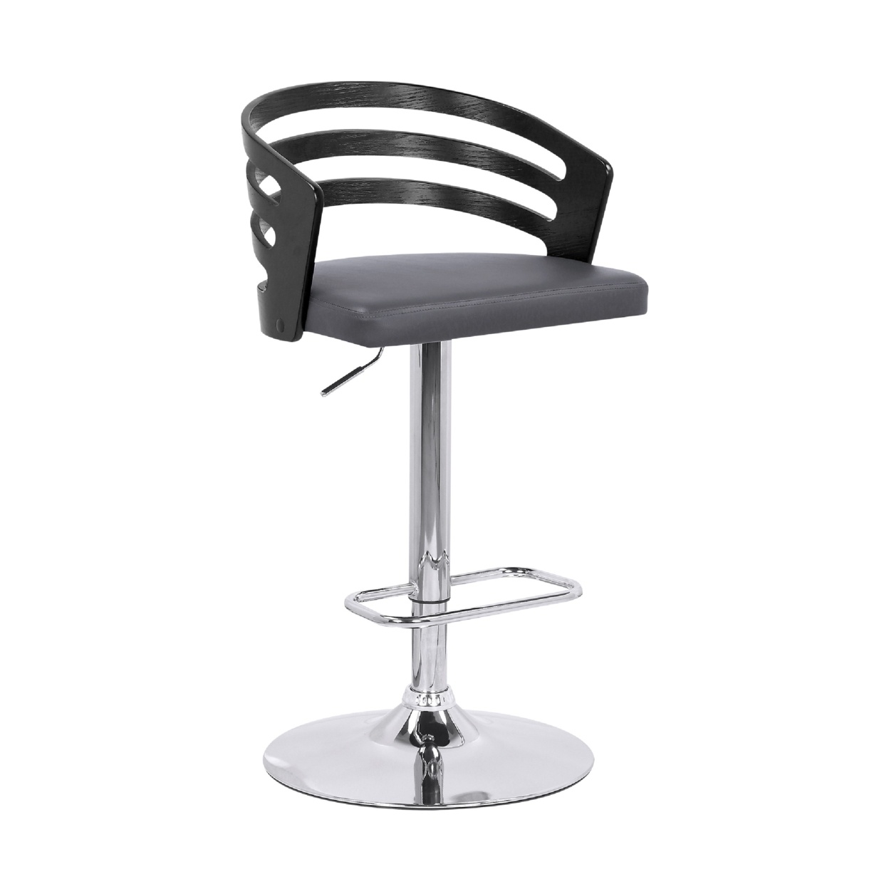 Adjustable Barstool With Curved Open Low Wooden Back, Black And Chrome- Saltoro Sherpi