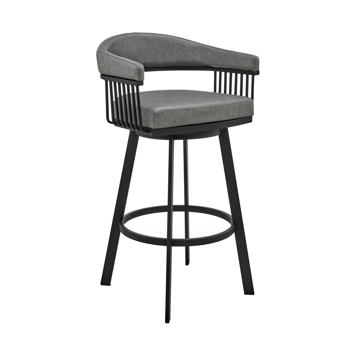 Swivel Barstool With Open Design Metal Frame And Slatted Arms, Gray And Black- Saltoro Sherpi