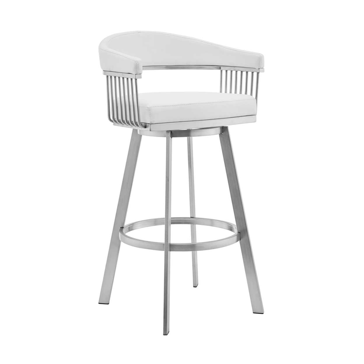 Swivel Barstool With Open Design Metal Frame And Slatted Arms, White And Silver- Saltoro Sherpi