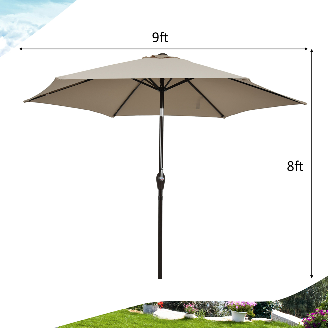 9 Ft Outdoor Patio Market Table Umbrella Garden Yard W/ Crank 6 Ribs - Tan