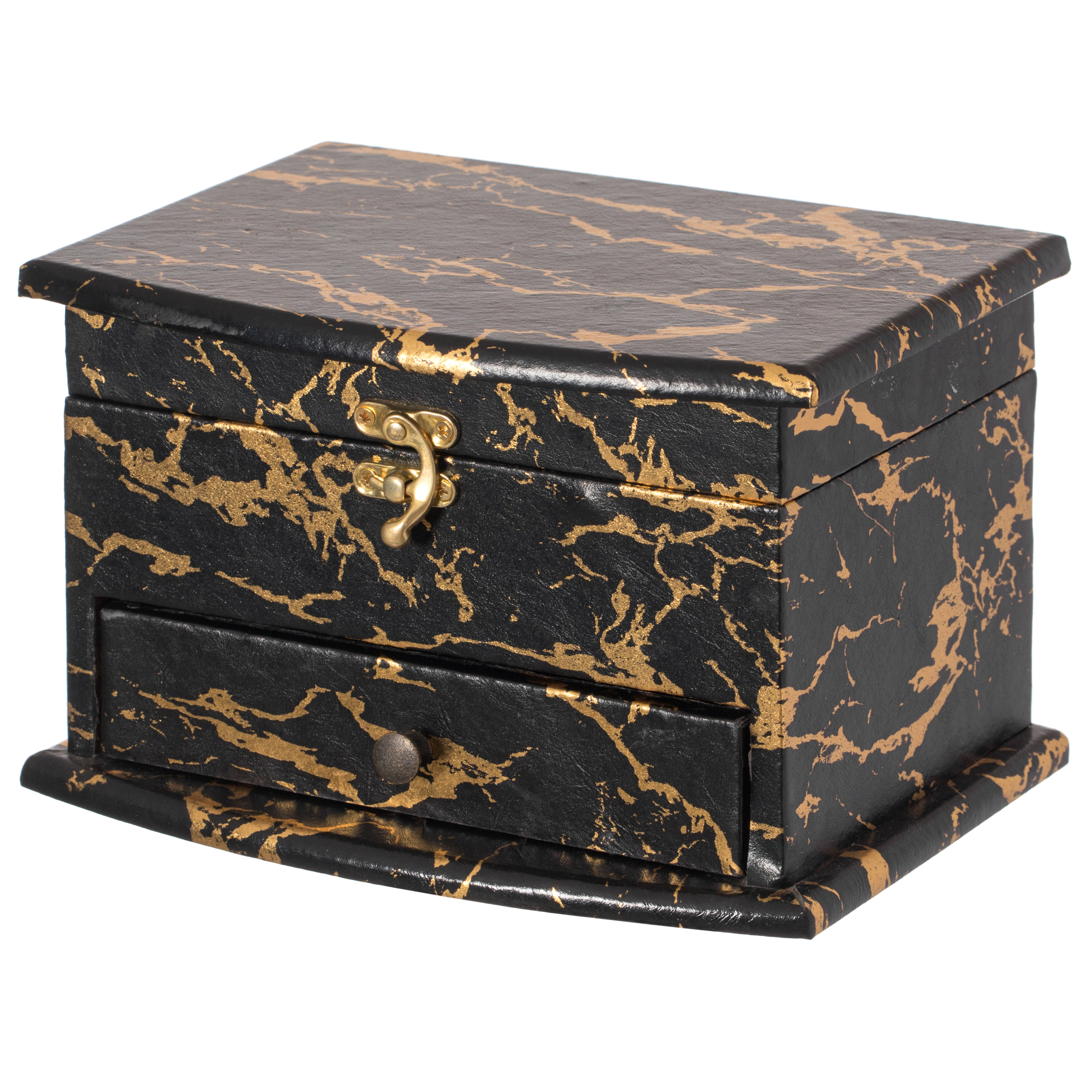 Black And Gold Marble Decorative Modern Wooden Jewelry Box Holder With Lining, And Drawer