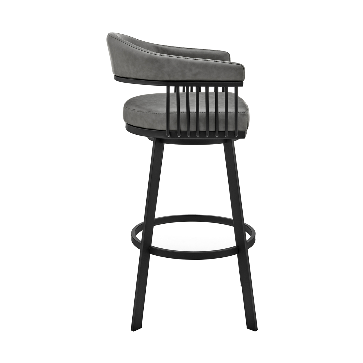 Swivel Barstool With Open Design Metal Frame And Slatted Arms, Gray And Black- Saltoro Sherpi