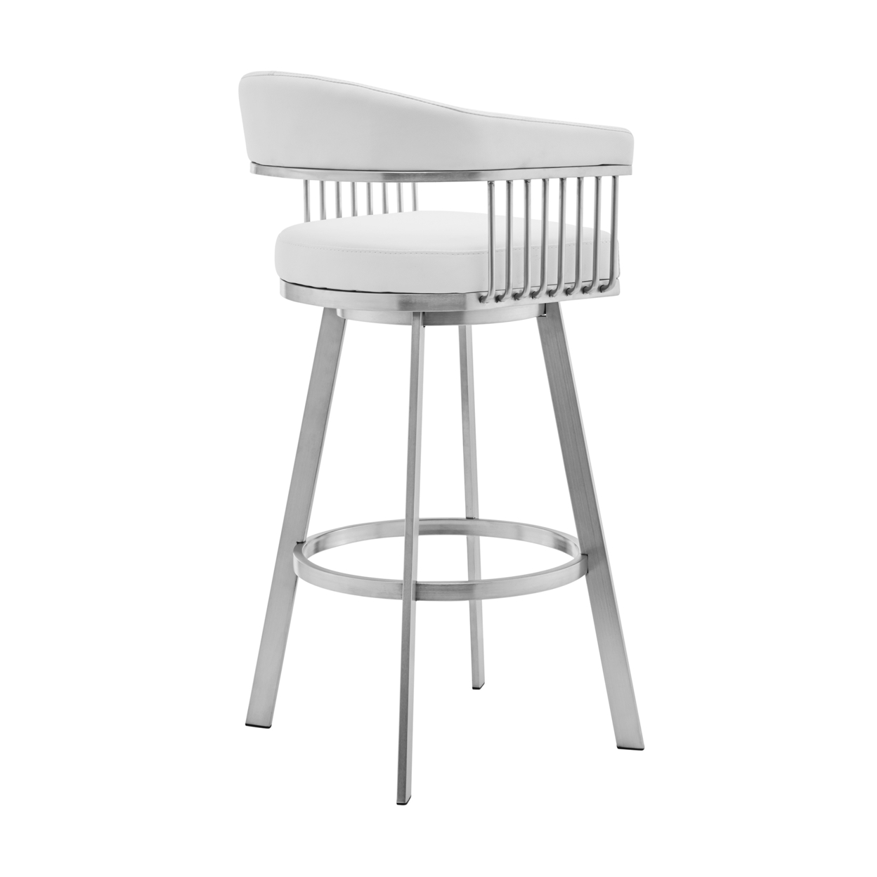 Swivel Barstool With Open Design Metal Frame And Slatted Arms, White And Silver- Saltoro Sherpi