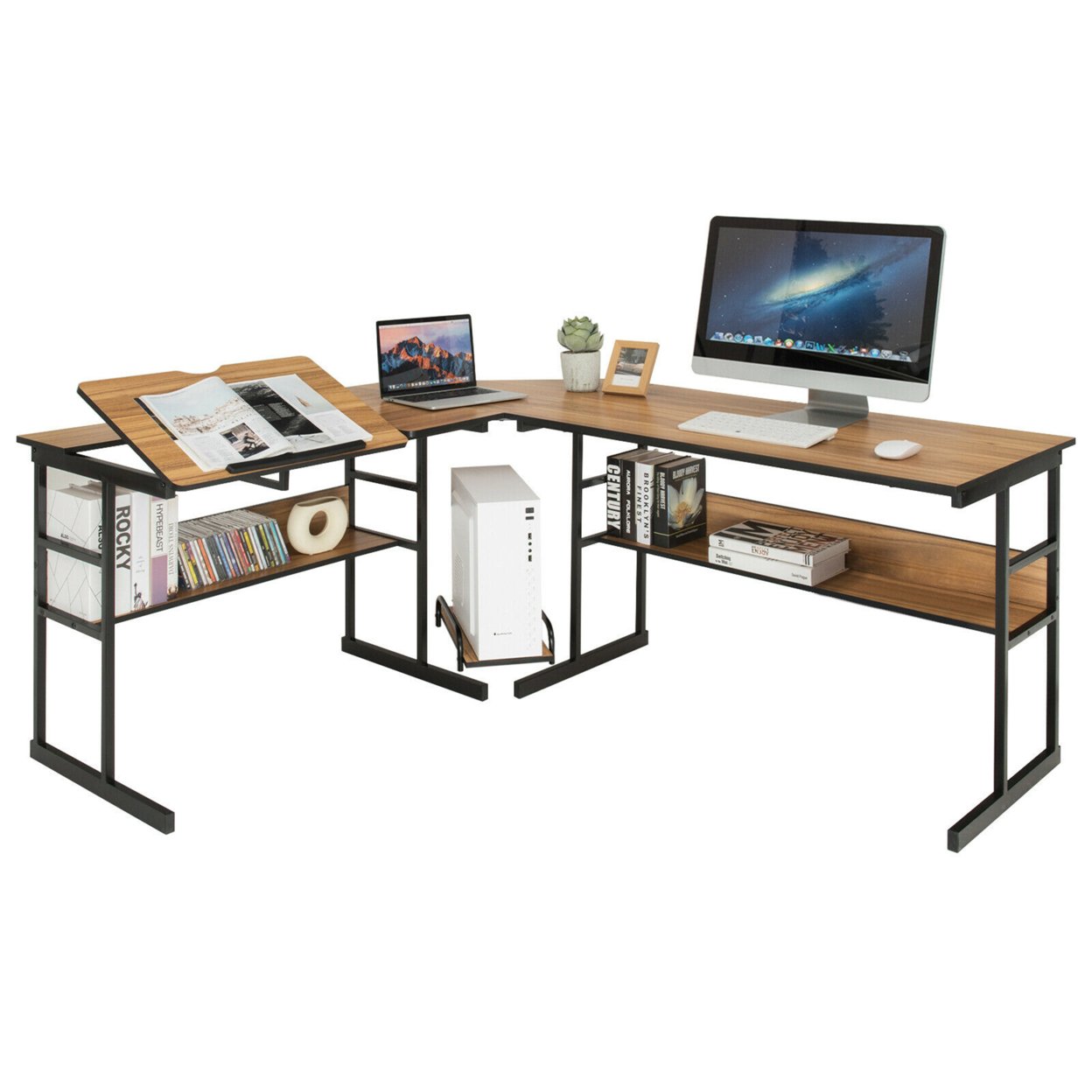 L-Shaped Computer Desk Drafting Table Workstation W/ Tiltable Tabletop - Walnut