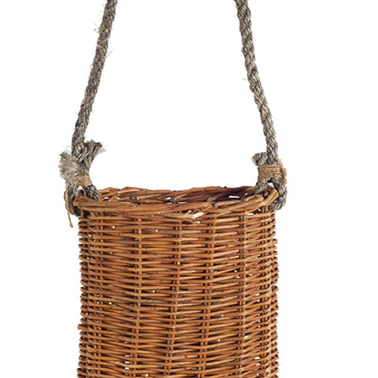 9.5 Inch Woven Wicker Basket With Rope Hanger, Small, Brown- Saltoro Sherpi